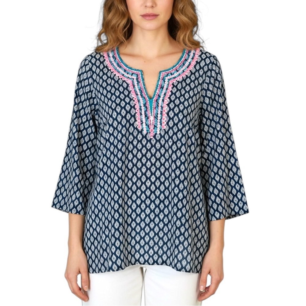Talbots Sz MEDIUM Navy Pink Embroidered Boho Beach Cotton Tunic Top Vacation
